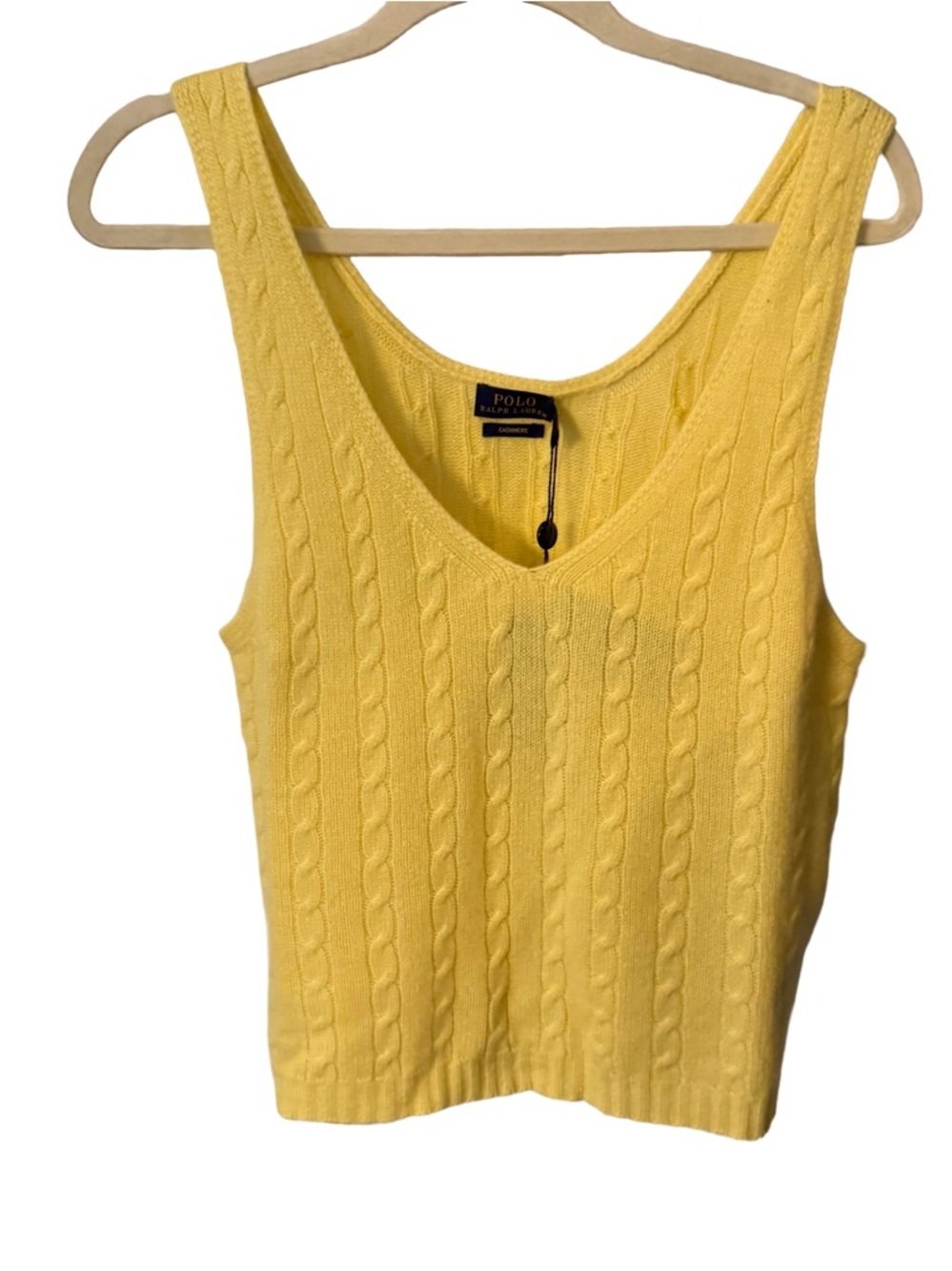 Polo Ralph Lauren 100% CASHMERE Cable Knit V-Neck Tank Yellow Sz XL NWT